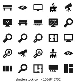 Flat vector icon set - telescope vector, magnifier, bank building, truck trailer, monitor, eye, diagnostic, bench, plan, client search, window