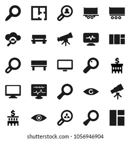 Flat vector icon set - telescope vector, magnifier, bank building, truck trailer, monitor, eye, diagnostic, cloud glass, bench, plan, client search, window