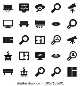 Flat vector icon set - telescope vector, magnifier, bank building, truck trailer, monitor, eye, diagnostic, cloud glass, bench, plan, client search, window