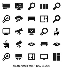 Flat vector icon set - telescope vector, magnifier, bank building, truck trailer, monitor, eye, diagnostic, cloud glass, bench, plan, client search, window