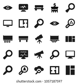 Flat vector icon set - telescope vector, magnifier, bank building, truck trailer, monitor, eye, diagnostic, cloud glass, bench, plan, client search, window