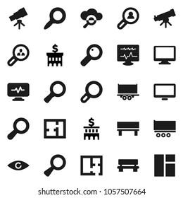 Flat vector icon set - telescope vector, magnifier, bank building, truck trailer, monitor, eye, diagnostic, cloud glass, bench, plan, client search, window