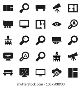 Flat vector icon set - telescope vector, magnifier, bank building, truck trailer, monitor, eye, diagnostic, cloud glass, bench, plan, client search, window