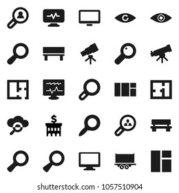 Flat vector icon set - telescope vector, magnifier, bank building, truck trailer, monitor, eye, diagnostic, cloud glass, bench, plan, client search, window