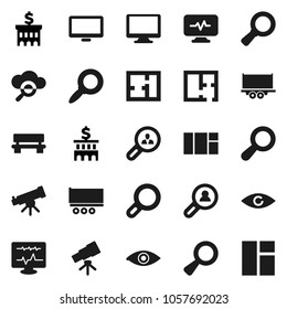 Flat vector icon set - telescope vector, magnifier, bank building, truck trailer, monitor, eye, diagnostic, cloud glass, bench, plan, client search, window