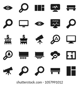 Flat vector icon set - telescope vector, magnifier, bank building, truck trailer, monitor, eye, diagnostic, cloud glass, bench, plan, client search, window