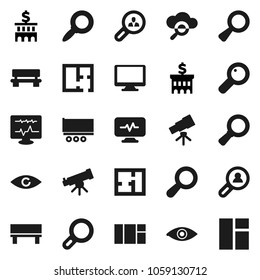 Flat vector icon set - telescope vector, magnifier, bank building, truck trailer, monitor, eye, diagnostic, cloud glass, bench, plan, client search, window