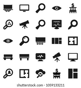 Flat vector icon set - telescope vector, magnifier, bank building, truck trailer, monitor, eye, diagnostic, cloud glass, bench, plan, client search, window