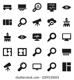 Flat vector icon set - telescope vector, magnifier, bank building, truck trailer, monitor, eye, diagnostic, cloud glass, bench, plan, client search, window