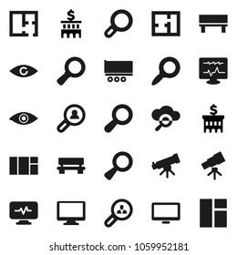 Flat vector icon set - telescope vector, magnifier, bank building, truck trailer, monitor, eye, diagnostic, cloud glass, bench, plan, client search, window