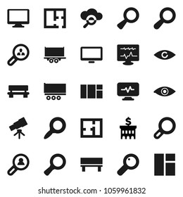 Flat vector icon set - telescope vector, magnifier, bank building, truck trailer, monitor, eye, diagnostic, cloud glass, bench, plan, client search, window