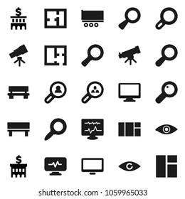 Flat vector icon set - telescope vector, magnifier, bank building, truck trailer, monitor, eye, diagnostic, bench, plan, client search, window