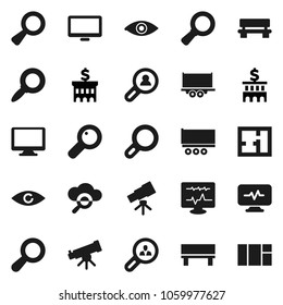 Flat vector icon set - telescope vector, magnifier, bank building, truck trailer, monitor, eye, diagnostic, cloud glass, bench, plan, client search, window