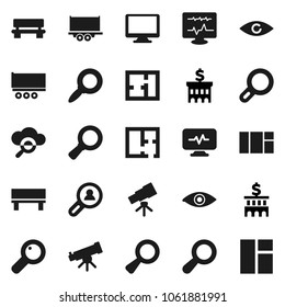 Flat vector icon set - telescope vector, magnifier, bank building, truck trailer, monitor, eye, diagnostic, cloud glass, bench, plan, client search, window