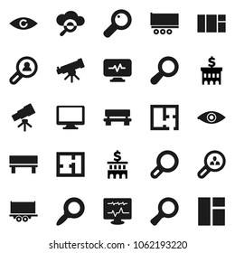 Flat vector icon set - telescope vector, magnifier, bank building, truck trailer, monitor, eye, diagnostic, cloud glass, bench, plan, client search, window