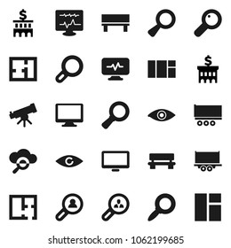 Flat vector icon set - telescope vector, magnifier, bank building, truck trailer, monitor, eye, diagnostic, cloud glass, bench, plan, client search, window