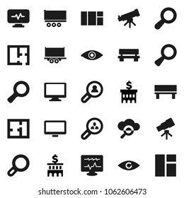 Flat vector icon set - telescope vector, magnifier, bank building, truck trailer, monitor, eye, diagnostic, cloud glass, bench, plan, client search, window