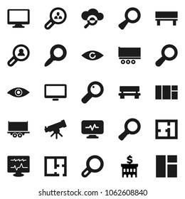 Flat vector icon set - telescope vector, magnifier, bank building, truck trailer, monitor, eye, diagnostic, cloud glass, bench, plan, client search, window