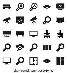 Flat vector icon set - telescope vector, magnifier, bank building, truck trailer, monitor, eye, diagnostic, cloud glass, bench, plan, client search, window