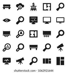 Flat vector icon set - telescope vector, magnifier, bank building, truck trailer, monitor, eye, diagnostic, cloud glass, bench, plan, client search, window