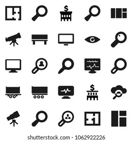 Flat vector icon set - telescope vector, magnifier, bank building, truck trailer, monitor, eye, diagnostic, cloud glass, bench, plan, client search, window