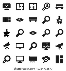 Flat vector icon set - telescope vector, magnifier, bank building, truck trailer, monitor, eye, diagnostic, cloud glass, bench, plan, client search, window