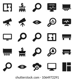 Flat vector icon set - telescope vector, magnifier, bank building, truck trailer, monitor, eye, diagnostic, cloud glass, bench, plan, client search, window