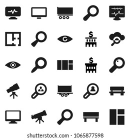 Flat vector icon set - telescope vector, magnifier, bank building, truck trailer, monitor, eye, diagnostic, cloud glass, bench, plan, client search, window
