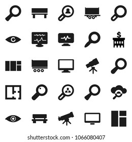 Flat vector icon set - telescope vector, magnifier, bank building, truck trailer, monitor, eye, diagnostic, cloud glass, bench, plan, client search, window