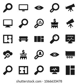 Flat vector icon set - telescope vector, magnifier, bank building, truck trailer, monitor, eye, diagnostic, cloud glass, bench, plan, client search, window