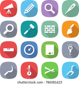 flat vector icon set - telescope vector, pencil, magnifier, medical thermometer, doctors hammer, brick wall, construction, level, barometer, kitchen scales, handle, sickle, pruner, scoop