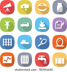 flat vector icon set - telescope vector, cloud service, smart bracelet, pills bottle, windmill, car shipping, flammable, inventory, pallet, baggage, tennis, mirror, analytics, barrel, water tap