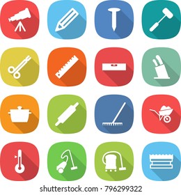 flat vector icon set - telescope vector, pencil, nail, doctors hammer, surgical clamp, ruler, level, stands for knives, pan, rolling pin, rake, wheelbarrow, thermometer, vacuum cleaner, sponge