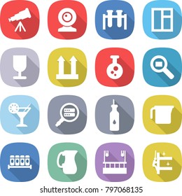 flat vector icon set - telescope vector, web cam, test vial, window, fragile, cargo top sign, chemical, search, cocktail, data, vegetable oil, measuring cup, spices, jug, skysrcapers cleaning