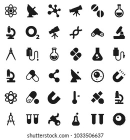 Flat vector icon set - thermometer vector, drawing compass, atom, telescope, microscope, magnet, flask, pills, molecule, oxygen, satellite, antenna, vial, dna, drop counter, ovule