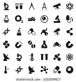 Flat vector icon set - thermometer vector, drawing compass, atom, telescope, microscope, magnet, flask, pills, molecule, oxygen, satellite, antenna, vial, dna, drop counter, ovule