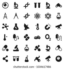 Flat vector icon set - thermometer vector, drawing compass, atom, telescope, microscope, magnet, flask, pills, molecule, oxygen, satellite, antenna, vial, dna, drop counter, ovule