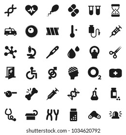 Flat vector icon set - thermometer vector, pills vial, molecule, first aid kit, oxygen, disabled, heart pulse, flask, gender sign, dna, syringe, scissors, broken bone, sand clock, stethoscope, sperm