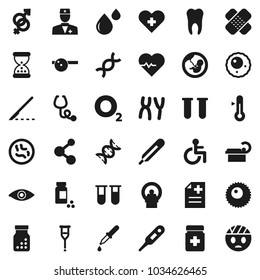 Flat vector icon set - thermometer vector, heart pulse, pills vial, molecule, oxygen, disabled, cross, doctor, eye, gender sign, dna, pregnancy, dropper, crutches, scalpel, sand clock, patch, bottle