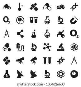 Flat vector icon set - thermometer vector, drawing compass, atom, telescope, microscope, magnet, flask, pills, molecule, oxygen, satellite, antenna, vial, dna, drop counter, ovule