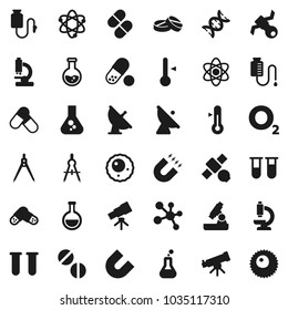 Flat vector icon set - thermometer vector, drawing compass, atom, telescope, microscope, magnet, flask, pills, molecule, oxygen, satellite, antenna, vial, dna, drop counter, ovule