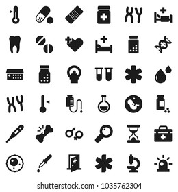 Flat vector icon set - thermometer vector, pills vial, doctor bag, ambulance star, heart cross, flask, gender sign, dna, magnifier, pregnancy, dropper, broken bone, sand clock, patch, bottle, ovule