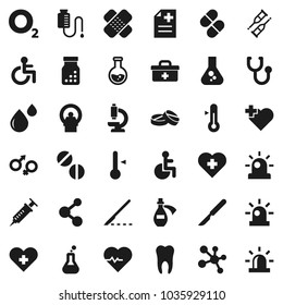 Flat vector icon set - thermometer vector, flask, heart pulse, molecule, cross, oxygen, doctor bag, disabled, gender sign, syringe, crutches, scalpel, patch, stethoscope, pills, bottle, microscope