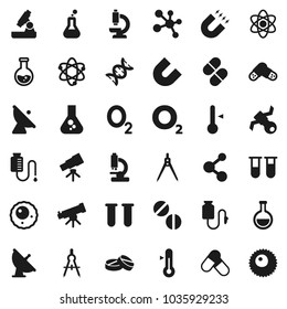 Flat vector icon set - thermometer vector, drawing compass, atom, telescope, microscope, magnet, flask, pills, molecule, oxygen, satellite, antenna, vial, dna, drop counter, ovule