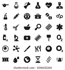 Flat vector icon set - thermometer vector, flask, heart pulse, pills vial, molecule, first aid kit, oxygen, doctor bag, ambulance star, gender sign, magnifier, pregnancy, syringe, crutches, scissors