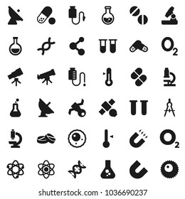 Flat vector icon set - thermometer vector, drawing compass, atom, telescope, microscope, magnet, flask, pills, molecule, oxygen, satellite, antenna, vial, dna, drop counter, ovule