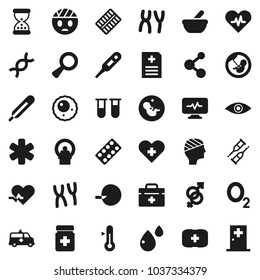 Flat vector icon set - thermometer vector, molecule, first aid kit, oxygen, doctor bag, ambulance star, heart pulse, cross, vial, eye, gender sign, dna, magnifier, pregnancy, insemination, crutches