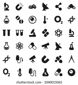 Flat vector icon set - thermometer vector, drawing compass, atom, telescope, microscope, magnet, flask, pills, molecule, oxygen, satellite, antenna, vial, dna, drop counter, ovule