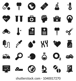 Flat vector icon set - thermometer vector, heart pulse, pills, first aid kit, oxygen, doctor bag, cross, flask, vial, magnifier, pregnancy, insemination, dropper, scissors, patch, bottle, eye hat