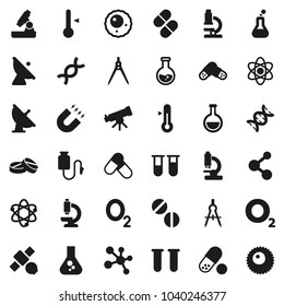 Flat vector icon set - thermometer vector, drawing compass, atom, telescope, microscope, magnet, flask, pills, molecule, oxygen, satellite, antenna, vial, dna, drop counter, ovule